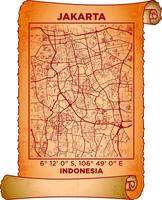 map art Jakarta, Indonesia with coordinates. map poster old parchment paper scroll sheet vintage aged and texture, Historical vintage scrolls treasure map concept. poster design map ancient vector