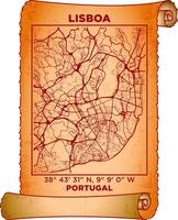 map art Lisboa, Portugal with coordinates. map poster old parchment paper scroll sheet vintage aged and texture, Historical vintage scrolls treasure map concept. poster design map ancient vector