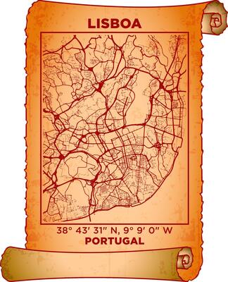 map art Lisboa, Portugal with coordinates. map poster old parchment paper scroll sheet vintage aged and texture, Historical vintage scrolls treasure map concept. poster design map ancient