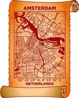 map art Amsterdam, Netherlands with coordinates. map poster old parchment paper scroll sheet vintage aged and texture, Historical vintage scrolls treasure map concept. poster design map ancient vector