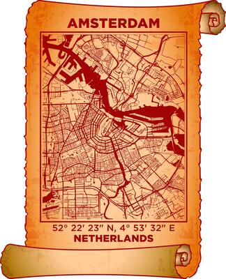 map art Amsterdam, Netherlands with coordinates. map poster old parchment paper scroll sheet vintage aged and texture, Historical vintage scrolls treasure map concept. poster design map ancient