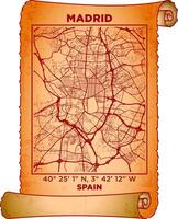 map art Madrid, Spain with coordinates. map poster old parchment paper scroll sheet vintage aged and texture, Historical vintage scrolls treasure map concept. poster design map ancient vector