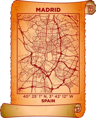 map art Madrid, Spain with coordinates. map poster old parchment paper scroll sheet vintage aged and texture, Historical vintage scrolls treasure map concept. poster design map ancient