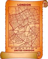 map art London, United Kingdom with coordinates. map poster old parchment paper scroll sheet vintage aged and texture, Historical vintage scrolls treasure map concept. poster design map ancient vector