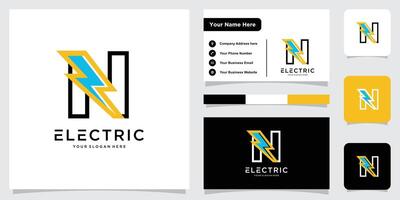 Initial N Letter with Lightning Bolt Logo Design with business card design. vector
