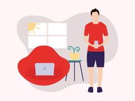 work from home man having a conference with laptop or smartphone vector