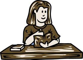 Female Student Reading Book at Desk vector