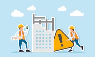 Engineer holding a walkie talkie near a building construction site while another engineer carries a caution sign illustration of instruction and awareness in project environment vector