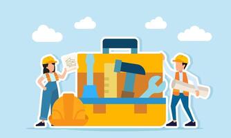 Male and female engineers carrying project paperwork near toolbox and safety helmets illustration of equipment preparation for supporting project completion vector