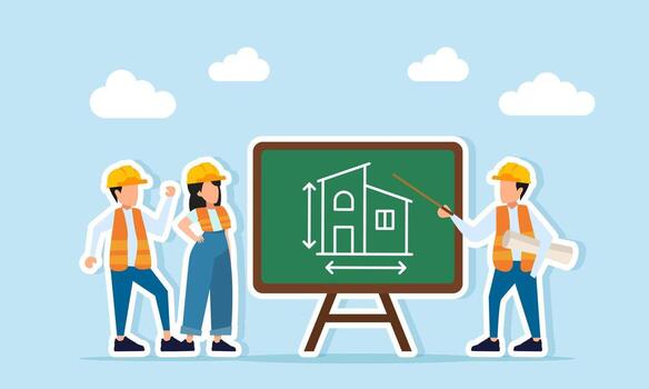 Several engineers discussing near a board with building project design illustration of sharing discussion and brainstorming in building project execution vector