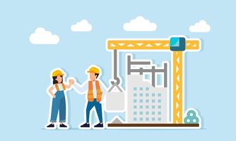 Male and female engineers shaking hands near a building construction project illustration of agreement on using a vendor in the building development project vector