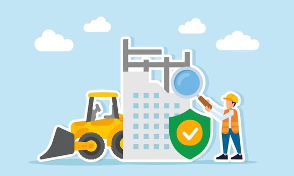 engineer hold magnifying glass observe building construction project with shield checkmark symbol and heavy equipment illustration of monitoring safety aspects in construction vector
