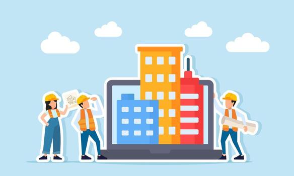 Several engineers observing and discussing near a laptop displaying buildings illustration of studying and analyzing building construction plans vector