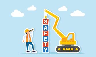 Engineer using binoculars to observe the arrangement of blocks forming the word SAFETY by heavy machinery as an illustration of the priority of project safety supervision vector