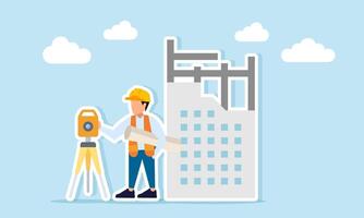 Engineer holding plan paperwork standing between a theodolite and building construction site illustration of preparation for working on a building project vector