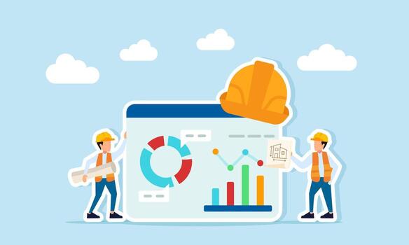 dos ingenieros participación papeleo que se discute cerca un solicitud interfaz con proyecto cascos demostración datos cartas y diagramas ilustración de supervisión proyecto Progreso vector