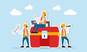 Several engineers around a toolbox one using a scope one holding a wrench and another with a laptop illustration of equipment preparation for construction project completion vector