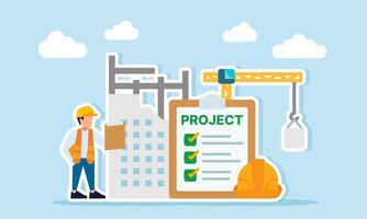 engineer holding clipboard near building construction project with project document list and safety helmet illustration of task list in infrastructure development project vector