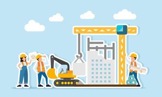 Several engineers inspecting a building construction project and heavy equipment usage illustration of monitoring and reviewing project completion vector