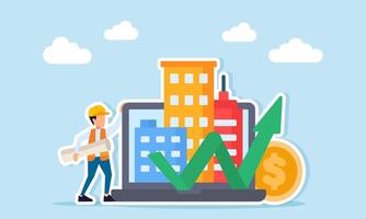engineer holding paperwork near dollar coin and laptop displaying buildings and rising arrow illustration of rapid investor growth in infrastructure project development vector
