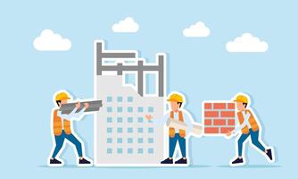 Engineer at a building construction site giving instructions to a worker carrying stacks of iron beams and bricks illustration of coordination and instruction in building project vector