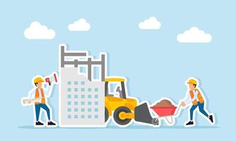 Engineer holding paperwork and megaphone while another pushes a sand cart near heavy equipment and a construction site illustration of giving instructions during project execution vector