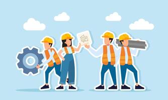 Several engineers gathered some discussing project paperwork others carrying gear and lifting metal stacks illustration of coordination and preparation check for project readiness vector