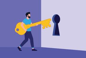 Man unlocking opportunity with giant key illustration. vector