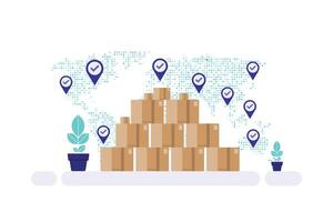 A stack of boxes with pins on them and a map vector