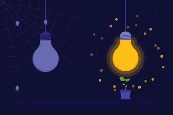 Two light bulbs with spider webs and a plant