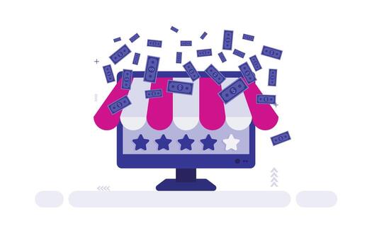 A computer screen with money falling out of it vector