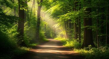 Sunlight path through lush forest photo