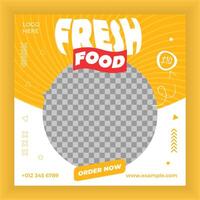 A yellow square with the words fresh food order now vector