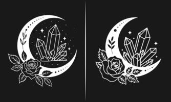 Moon and Crystal Design with Roses, Mystical Nature-Inspired Illustration in Black and White vector