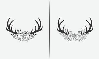 Floral Antlers Design with Roses and Leaves, Hand-Drawn Boho and Nature-Inspired Artwork vector