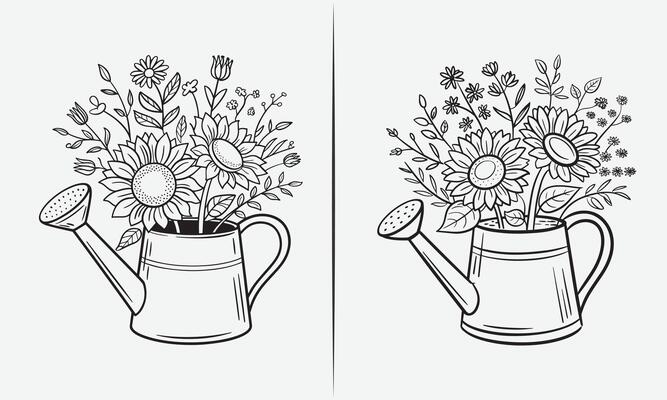 Watering Can with Sunflowers and Floral Bouquet, Hand-Drawn Botanical Design in Black and White