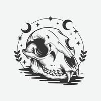 Detailed Animal Skull with Fangs Surrounded by Cosmic Elements and Leaves for Tattoo and Artistic Design vector