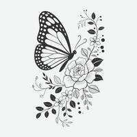 Butterfly and Rose Illustration, Elegant Floral Design with Leaves and Detailed Line Art vector