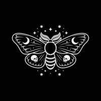 Black and White Moth Illustration with Skulls, Crescent Moons, and Stars for Tattoo and Artistic Design vector