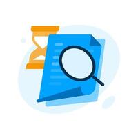 Illustration document being reviewed. magnifying glass and hourglass. data verification, approval process, identity check, system review, loading status, audit progress, document analysis in progress vector