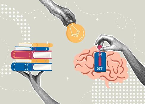 A trendy collage of halftone images. Unlocking knowledge, books, ideas, and the power of learning. The concept of learning, inclusion in work, and idea generation. illustration vector