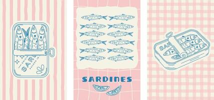 Italian sketch. Retro-style illustration featuring sardines. International illustration depicting Mediterranean sardines in a metal tin and on a plate with a lemon vector