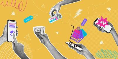 Trendy halftone collage. Online stores and e-commerce illustration. Online store concept, mobile website, shopping app. Stylish modern design of a discount advertising poster. illustration vector