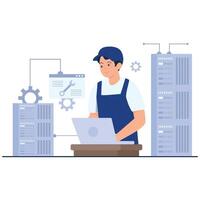 Technician working on laptop with gears vector