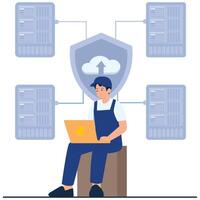 Technician using laptop for cloud services vector