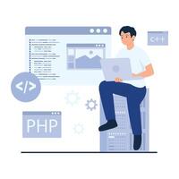 Web developer coding on laptop vector
