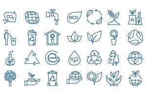 Ecology icons set. Eco friendly. Environment and sustainability concepts. Protection, planet care, natural recycling power. Collection of web icons. Symbols outlines vector