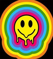 Funny tie dye psychedelic surreal melt smile face. 70s retro smile yellow groovy face. Acid, techno, trippy print. Acid rainbow smile illustration vector
