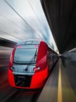 Modern train in motion and blur, Russian Railways trains of Moscow and MCC. Moscow Central Circle, metro, underground. photo