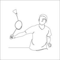A minimalist line drawing depicts a male badminton player in a dynamic stance, racket ready to strike the shuttlecock. vector